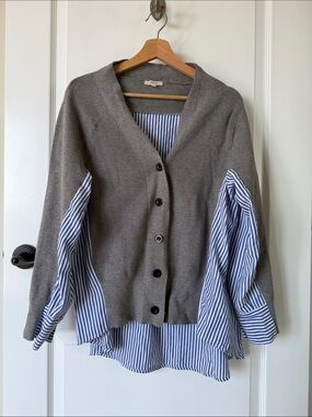 Vici Gray Layered V-Neck Button Cardigan with Blue Stripe Detail